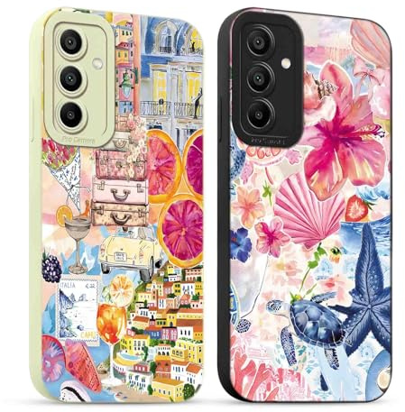 Yirlbey 2 st sommarfodral för Samsung Galaxy A54 5G mobilskal 6,4 tum tecknat collage blommor estetisk söt design, mjukt silikonskal stötdämpande smal för dam med kameraskydd