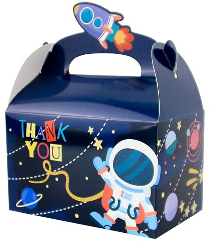 24 Cajas Regalo cumpleaños y Eventos - Bolsas Cumpleaños Infantil y Bolsas Chuches Cumpleaños, Impresas a Todo Color, Cartón Resistente, Fáciles de Montar (ASTRONAUTA)