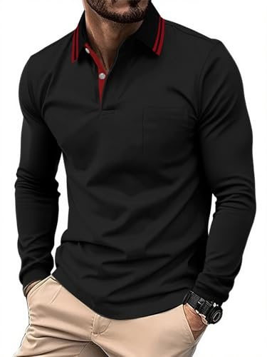 JACKETOWN Polo de Manga Larga para Hombre Polo de Golf Transpirable Deportivo Camisa para Hombre Polo Camisa de Trabajo Informal Básico Corte Regular Otoño-Invierno M-3XL