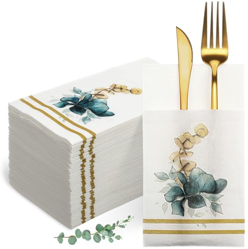 Sunnymove 100 Pcs Wedding Eucalyptus Napkins with Built-in Pocket for Reception Green Linen Disposable Paper Napkins for Silverware Wedding Dinner Party Birthday