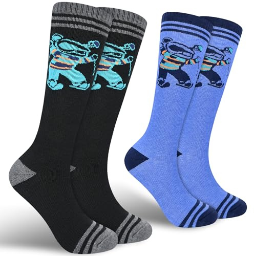 KOOOGEAR Kids Boys Ski Socks,2 Pairs Thermal Ski Socks High Performance Long Knee High Socks for Snowboarding Skiing Hiking Outdoor Activities (Black/Blue)