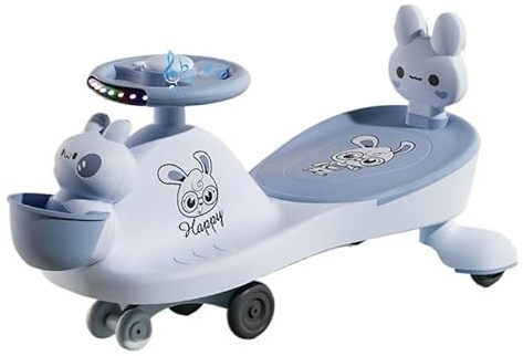 Voiture Porteur Enfant Voiture Musicale à Bascule, lumière balançoire silencieuse Clignotante Rotation des Roues Mouvement de Rotation for diriger Vélo-Trolley(Blauw,No Push Handle)