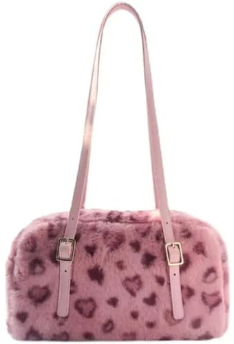 TYNXK Fluffig tygväska rosa handväska leopardtryck kvinnor höst vinter plysch mjuka axelväskor kvinnlig handväska, Rosa, 28X17X10cm