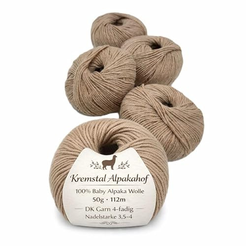 100% Baby Alpaka Wolle – 250 Set (5 x 50g) – 4-fädig – superweich & kratzfrei – Premium Strick- & Häkelgarn – in verschiedenen Farben – hochwertiges Baby Alpaca Yarn (5, beige, DK-112m auf 50g)