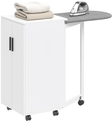 HOMCOM Armario Tabla de Planchar Plegable 2 Puertas 99,5x43x83cm Blanco | Estantes ajustables, tabla de planchar plegable, ruedas, almacenaje, bisagras de cierre suave