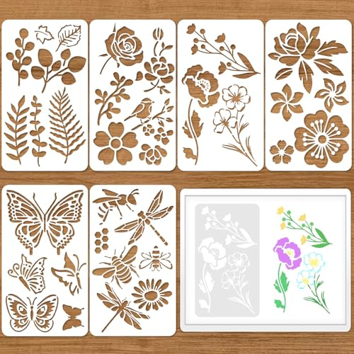 6 Stück Malschablonen Blumen, Quilax 17.5 x 10cm Wiederverwendbare Textilgestaltung Schablonen, Wandgestaltung Zweige Malschablonen, DIY Stencil, Blumen/Schmetterlinge/Bienen