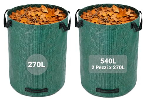 2 Sacchi per Rifiuti da Giardino Resistenti – 270L – Polipropilene 150 GSM con 4 Manici e Anello Rinforzato – Ø67 × H75 cm – Cuciture Anti-Strappo per Foglie, Erba e Potature