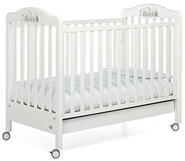 Foppapedretti Lettino con Sponda Regolabile Felicity, Legno di Faggio, Made in Italy, Rete a Doghe di Faggio, Ampio Cassetto, Regolabile a Doppia Altezza, 4 ruote, 131x73x108 cm, Bianco