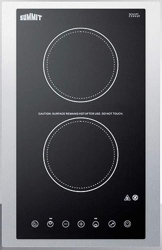 Summit Appliance CR2B15T1BTK15 115V 2-Burner Radiant Cooktop in Black Ceramic Schott Glass Surface with Digital Touch Controls & Stainless Steel Frame to Allow Installation in 15 Wide Counter Cutouts
