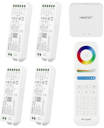 LIGHTEU®, Milight Miboxer Fernbedienungskit: Packung mit 4X 5in1 Smart LED Strip Controller und Einer 8-Zonen Fernbedienung 4X LS2 + FUT089 + WL-Box2 (APP und Sprachsteuerung)