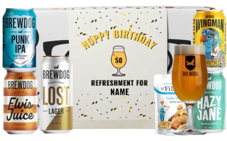 Personalised BrewDog Hoppy Birthday Craft Beer Gift Set with BrewDog Glass – Lost Lager, Punk IPA, Elvis Juice & Hazy Jane