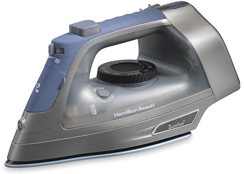 Hamilton Beach Steam Iron & Vertical Steamer for Clothes with Scratch-Resistant Durathon Soleplate, 8' Retractable Cord, 3-Way Auto Shutoff, Anti-Drip, 1800 Watts, Silver and Blue