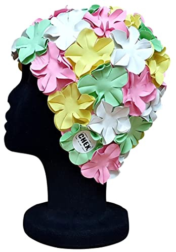 CHEX Anzio Termiskt gummi blommig dam klassisk retro 3D blomblad 4 färger fantastisk vintage art deco-look badmössa generös en storlek vuxna (gul/grön/rosa/vit)