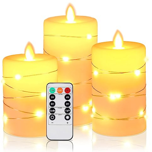 HIYAA LED Flameless Candle, LED Candles with Embedded String Lights, 3 Pack Battery Operated Candles with Remote Control, 24-Hour Timer Function, Dancing Flame, Real Wax, White
