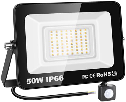 RIGIDON 50W Flood Light Outdoor Motion Sensor, Warm White Security Light | 4000K, PIR, 5000LM, Super Bright, IP66 Waterproof, Garden Wall Floodlight for Garage, Yard, Sports Ground, Patio