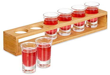 Relaxdays 6 Bicchieri da Shot con Supporto, Bicchierini in Vetro 4 cl, Vassoio in bambù, Idea Regalo, Marrone Chiaro