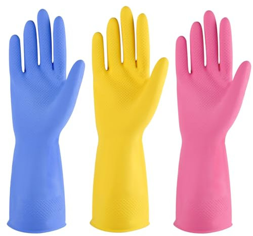 IUCGE Rubber Cleaning Gloves Multicolour 3 Pairs for Household, Reusable Dishwasher Gloves for Kitchen.(3, Small)