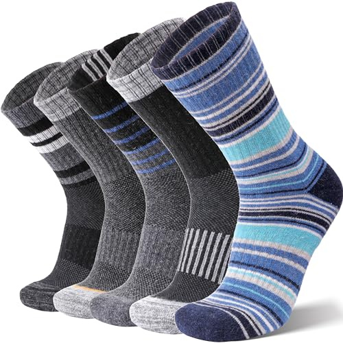ANTSANG Calzini Unisex in Lana Merino per Donna Uomo Trekking Camminate Termici Caldi Spessi per Inverno con Taglio Alto 5 Paia(Strisce Blu/Strisce Grigie,36-42)