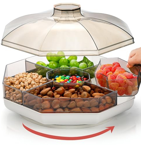 Noamus Rotating Snack Serving Tray with Lid, 11 Plastic Divided Serving Dishes, 5 Compartment Round Appetizer Platter, Removable Dried Fruit Organizer Plate for Veggie Candy Nut Cracker Chip Party