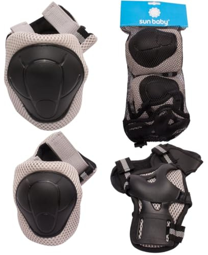 sun baby Kit de Protections pour Enfants, genouillères, coudières et protège-Poignets – vélo, Roller et Trottinette - Taille S, Gris, Protège-Genoux, Coudes et Poignets, Bandes Velcro Flexibles