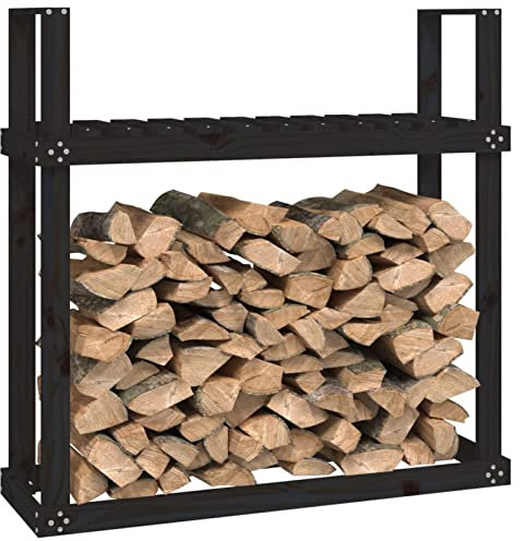 Homgoday Portalegna Nero 110x35x108,5 cm in Legno Massello di Pino, Portalegna da Interno, Portalegna da Ardere, Porta Legna per Camino, Legnaia da Interno, Camino Impilabile Stufa Ripiano Legno