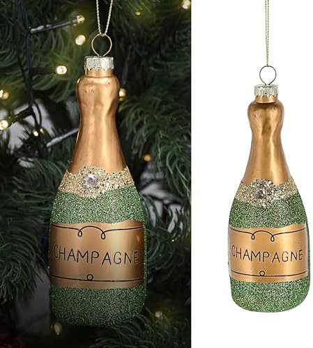Décoration de sapin de Noël Bouteille de champagne | Peint à la main 10 x 3 x 4,5 cm Verre multicolore paillettes | Crochet de Noël pour sapin de Noël (1 décoration de sapin de Noël)