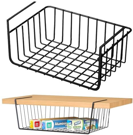 Cesta De Alambre Debajo Del Estante, Cestas De Almacenamiento Colgantes, Cesta De Alambre Multiusos Totalmente De Metal Debajo Del Estante, Cestas Deslizantes Para Cocina(Negro medio)