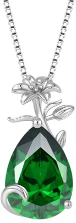 YL Damen Halskette 925 Sterling Silber Lilie Blume Anhänger Kette Mai Geburtsstein Simulierte Emerald Halskette Birne Tropfen Schmuckgeschenke für Mutter Freundin Frau