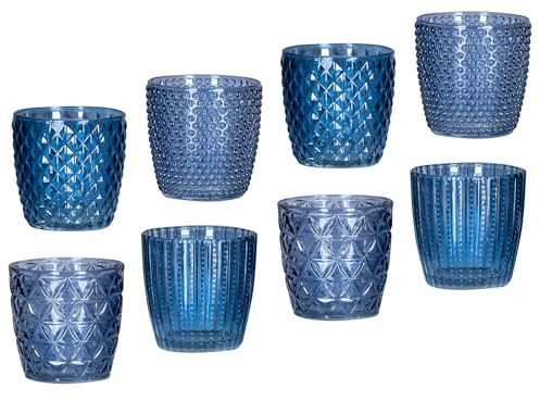 8er Set Windlicht H7,5cm Glas Blau Teelichthalter Kerzen Retro Kerze Kerzenhalter Tischdeko Deko