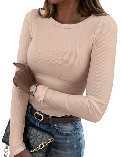 Zeagoo Camiseta de Manga Larga T Shirt para Mujer Casual Canale Top Elegantes con Cuello Redondo Camisetas Casual Básico Sólido Top para Otoño e Invierno Marrón Claro S