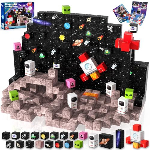 Goody King 100PCS Space Rocket Magnetic Building Blocks |Space Adventure Magnetic Blocks Set, STEM Montessori Stacking Toy, Building Playsets for Boys and Girls Ages 3-10,Sensory Tile Easter Gifts
