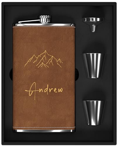 Flasque a Alcool Personnalisé, Flasque Whisky en Inox 304 12oz/355ml Personnalisable avec Motif de Montagne, Fiole Alcool Personnalisé pour Cadeau Homme (Marron)