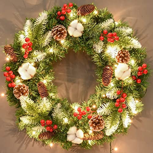 SGKOMN Weihnachtskranz mit Lichtern, beleuchtete Weihnachtsgirlande mit Fernbedienung, künstliche Weihnachtskränze, Weihnachtsdekor gemischt mit Tannenzapfen, Heimdekoration für(A 40cm)