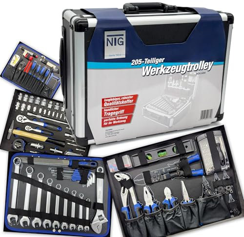 NTG Werkzeugkoffer gefüllt mit Werkzeug 205 Teile mit Rollen- Teleskophandgriff Werkstattkoffer Werkzeugset Werkzeugtrolley im stabilem Aluminiumkoffer