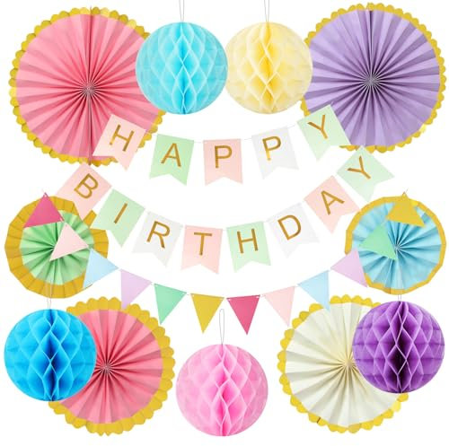 OSDUE Ventagli di Carta Decorativi Festa, Set di Carta Pompon Fiori Ventagli Decorativi per Festa, Striscione Buon Compleanno, Bandierine e Addobbi Colorati