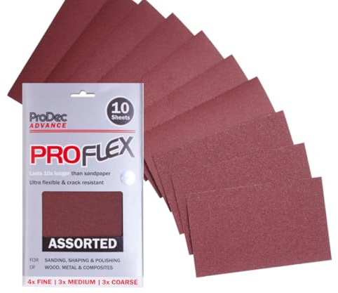 ProDec Advance 10 Sheets Assorted Grades ProFlex Ultra Flexible Crack | Resistant Aluminium Oxide Abrasive Sanding Paper for Sanding Wood, Paint, Plaster, Filler, Metal & More, 9 x 5.5, 230x140mm
