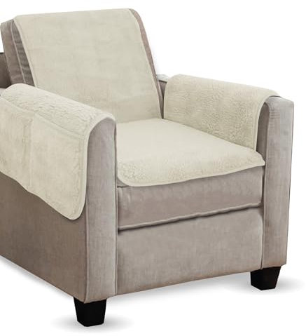 Bestlivings Sesselschoner Lammflor Optik (Creme) - 140x144cm - Sesselauflage mit Armlehnen und Taschen - Sesselüberwurf ÖKO-Tex Schoner für Sessel - Überwurf