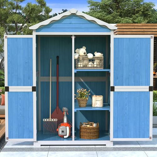 Mobili da giardino in legno per esterni, casetta degli attrezzi per giardino, terrazza, non sbiadisce, resistente alle intemperie, sicuro e protetto, ecologico, esente da manutenzione (blu + bianco)