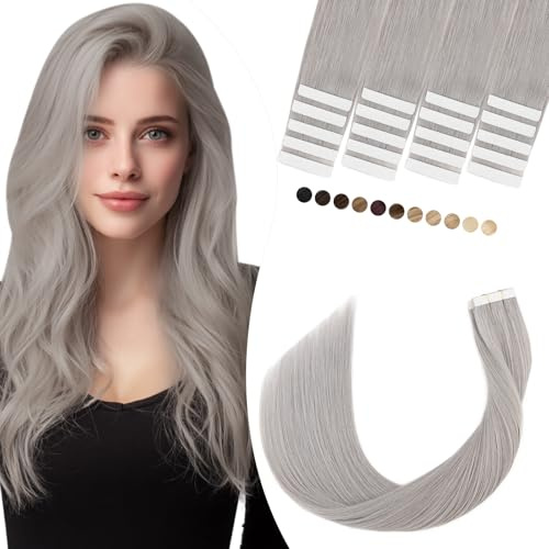 Elailite Extensiones Adhesivas Pelo Natural Gris 30g, 100% Cabello Humano sin Clip 20 Mechas Tape ins 30cm # Gris Claro