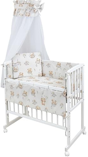 Generisch Baby Delux Beistellbett Set Babybett Komplett Set Stubenwagen weiß 90x40 mobil mit Rädern inkl. Bettwäsche Matratze (Teddy beige)