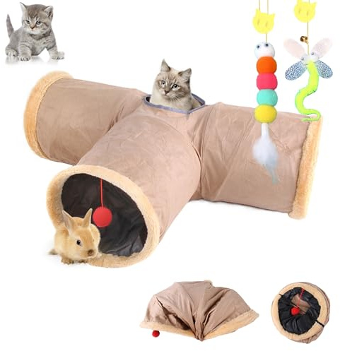 mymai Faltbarer katzentunnel mit weichem Wildlederbezug, interaktiver Rascheltunnel für Katzen mit 2 Hängenden Spielzeugen, ideal für Kaninchen kleine Haustiere (Khaki, B)