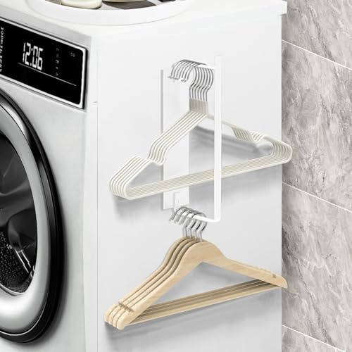 FODIENS Magnetic Hanger Holder for Laundry Room, Space-Saving Hanger Organizer for Washing Machine Dryer, Holding up to 40 Velvet Wire Plastic Hangers (1, White)