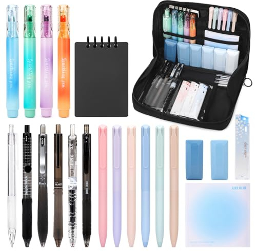 ESSALOO 22 PCS Filled Pencil Case with Stationery Included, Aesthetic Stationery Set for Girls, 11 Gel Pens, 4 Pastel Highlighters, 1 Mechanical Pencil for Back to School Students (Black)