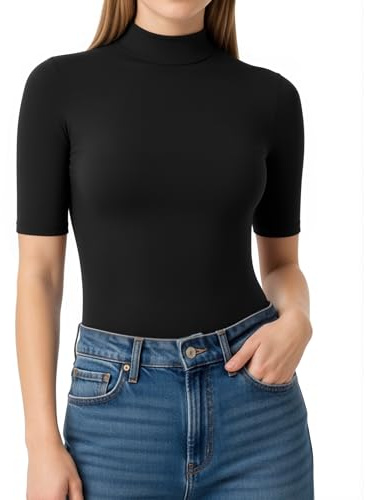 ALGALAROUND Damen T-Shirt Stehkragen Halbarm 1/2 Arm Shirt Tshirt Basic Langarmshirts Oberteil Longshirt Top Long Sleeve Shirts für Damen 2025 Herbst Outfit Schwarz XXL