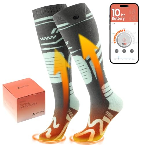 SURGOAL Merino Wool Heated Socks, 7.4V Rechargeable Battery Up to 10-Hour, APP-Controlled Electric Ski Socks for Men Women, Snowboarding, Hunting, Camping (Grey&Yellow)