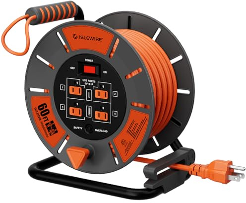 60 FT Retractable Extension Cord Reel, 14AWG SJTOW Heavy Duty Power Cord with 4 Grounded Outlets, USB-A & USB-C Ports, 13A Circuit Breaker, Hand Crank for Indoor Outdoor Use, ETL Listed, Orange