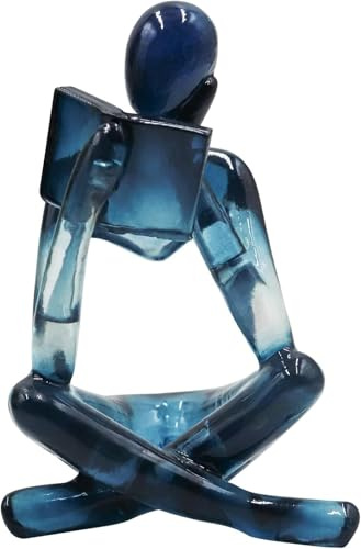 Dnoifne Translucent Blue Reading Woman Statue – Abstract Thinker Sculpture, Resin Art Ornament for Modern Home, Office, Bookshelf or Desk Decor