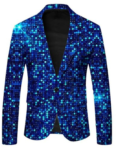 Generic Sequins Jacket Men's Gold Glitter Blazer Carnival Costume Men's Stretch Jacket for Wedding Party Performance Costume Sporty Nightclub Host Emcee Performance Suit Jacket, Q Blue, M