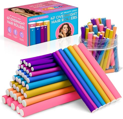 My Beauty Spot Flexi Rod Rubber Rollers - 47 pc. Salon Quality Overnight Hair Rollers for Medium to Long Hair - 7 Sizes for Tight Curls or Loose Waves, Damage Free, Heatless Curls Overnight