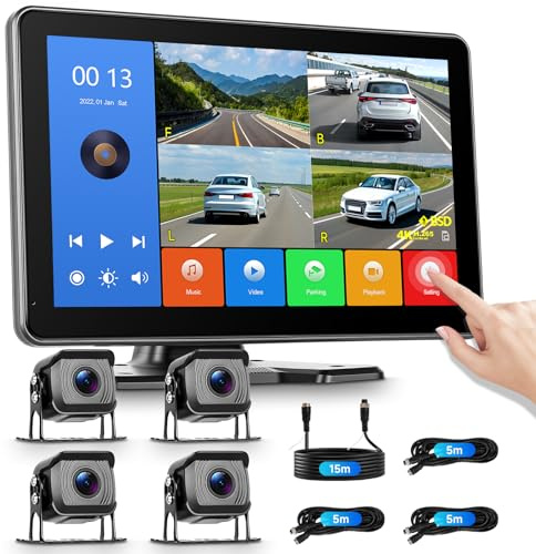 Hodozzy 4 Rückfahrkameras 10,1-Zoll-Touchscreen-Monitor 4 Geteilter Bildschirm- 360°DVR, Totwinkel-Assistent, Parkassistent, Front Heck Linke und Rechte Rückfahrkamera mit Kabel, Kameras für PKW/LKW
